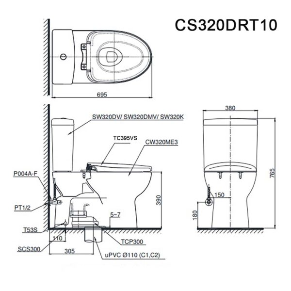 Bản vẽ kĩ thuật Bồn cầu 2 khối TOTO CS320DRT10#W nắp êm TC395VS
