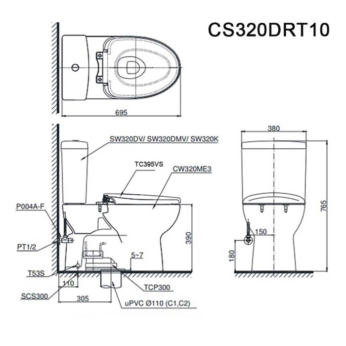 Bản vẽ kĩ thuật Bồn cầu 2 khối TOTO CS320DRT10#W nắp êm TC395VS