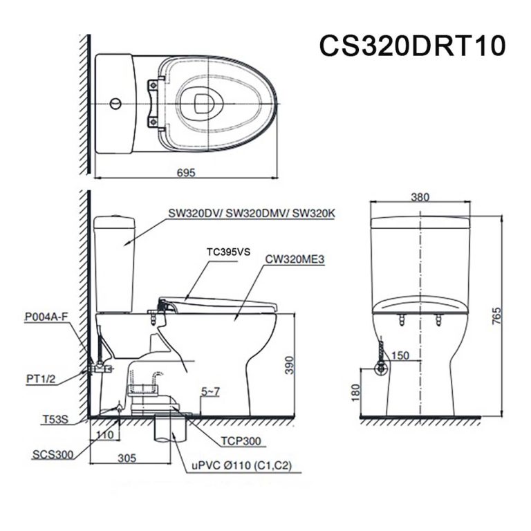 Bản vẽ kĩ thuật Bồn cầu 2 khối TOTO CS320DRT10#W nắp êm TC395VS