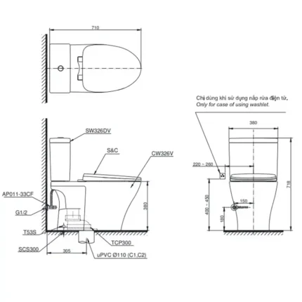 Bản vẽ kĩ thuật Bồn cầu 2 khối TOTO CS326DT10#XW nắp êm TC395VS