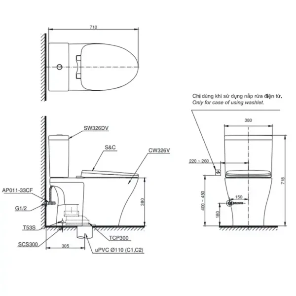 Bản vẽ kĩ thuật Bồn cầu 2 khối TOTO CS326DT10#XW nắp êm TC395VS