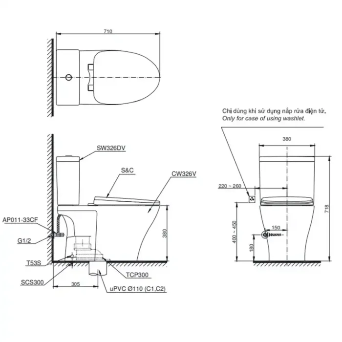 Bản vẽ kĩ thuật Bồn cầu 2 khối TOTO CS326DT10#XW nắp êm TC395VS