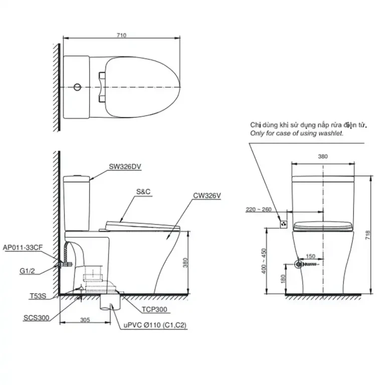 Bản vẽ kĩ thuật Bồn cầu 2 khối TOTO CS326DT10#XW nắp êm TC395VS