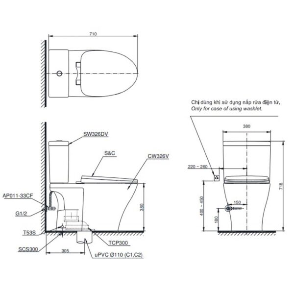 Bản vẽ kĩ thuật Bồn cầu 2 khối TOTO CS326DT3#XW nắp êm TC385VS