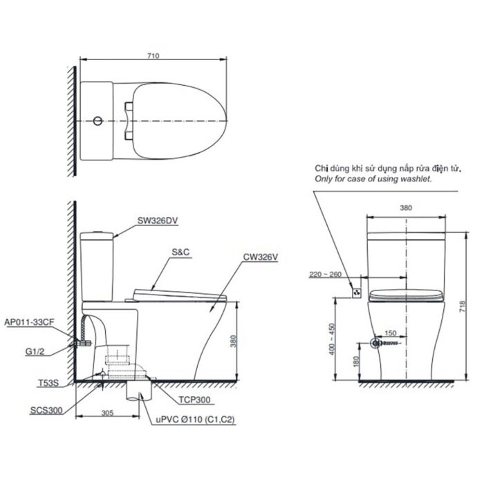 Bản vẽ kĩ thuật Bồn cầu 2 khối TOTO CS326DT3#XW nắp êm TC385VS