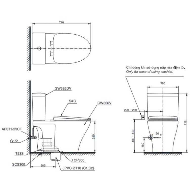 Bản vẽ kĩ thuật Bồn cầu 2 khối TOTO CS326DT3#XW nắp êm TC385VS