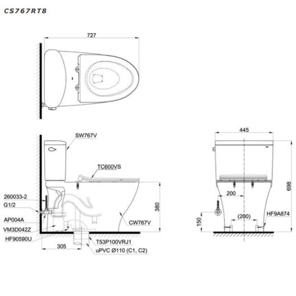 Bản vẽ kĩ thuật Bồn cầu 2 khối TOTO CS767RT8 nắp êm TC600VS