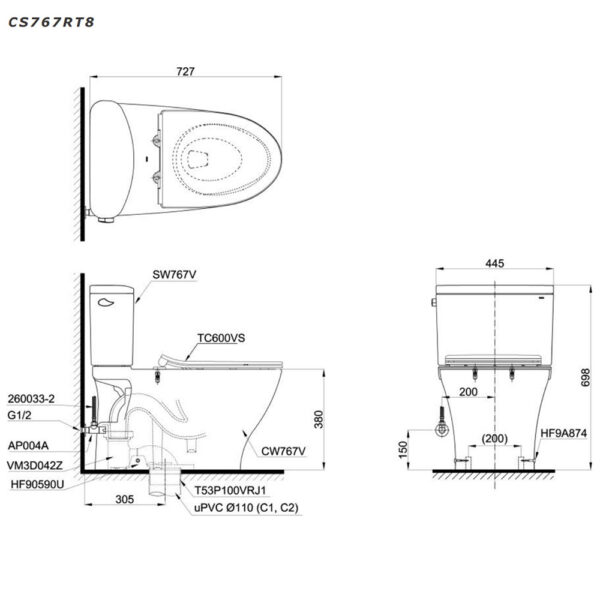 Bản vẽ kĩ thuật Bồn cầu 2 khối TOTO CS767RT8 nắp êm TC600VS