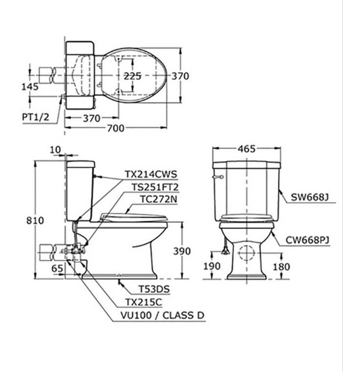 Bản vẽ kĩ thuật Bồn cầu 2 khối TOTO CW668PJ SW668J 214 TC393VS TX215C HAP004A-F T53DSR nắp êm