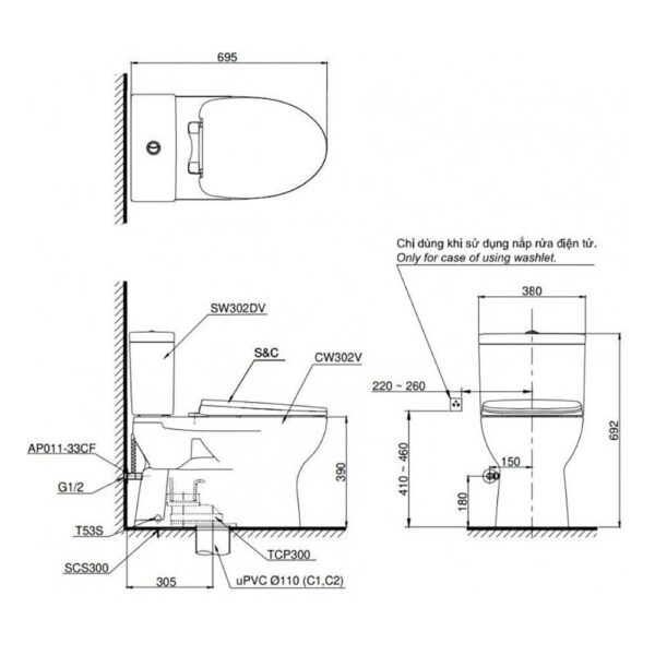Bản vẽ kĩ thuật Bồn cầu thông minh TOTO CS302DE2 nắp rửa cơ TCW07S