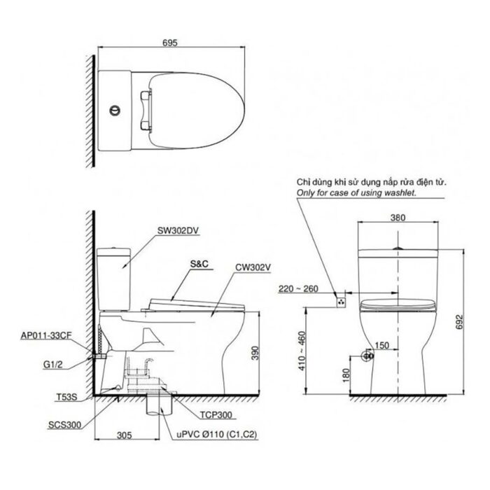 Bản vẽ kĩ thuật Bồn cầu thông minh TOTO CS302DE2 nắp rửa cơ TCW07S