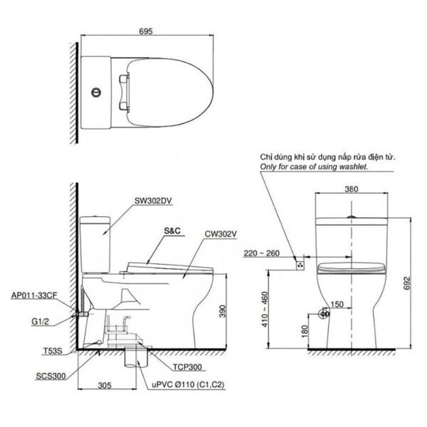 Bản vẽ kĩ thuật Bồn cầu thông minh TOTO CS302DE4#W nắp rửa cơ TCW1211A
