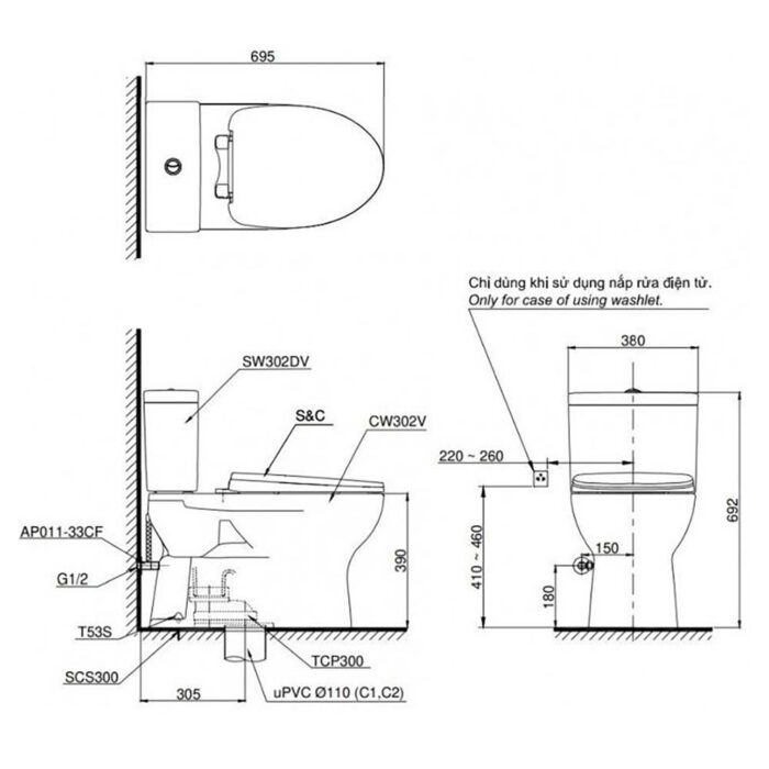 Bản vẽ kĩ thuật Bồn cầu thông minh TOTO CS302DE4#W nắp rửa cơ TCW1211A