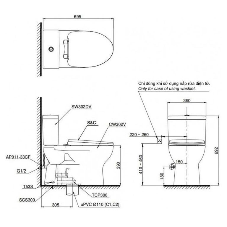 Bản vẽ kĩ thuật Bồn cầu thông minh TOTO CS302DE4#W nắp rửa cơ TCW1211A