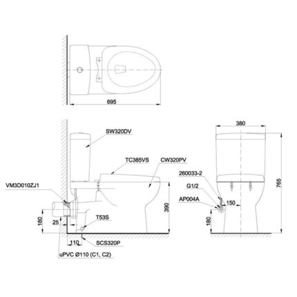 Bản vẽ kĩ thuật Bồn cầu thông minh TOTO CS320PDRE2 nắp rửa cơ TCW07S
