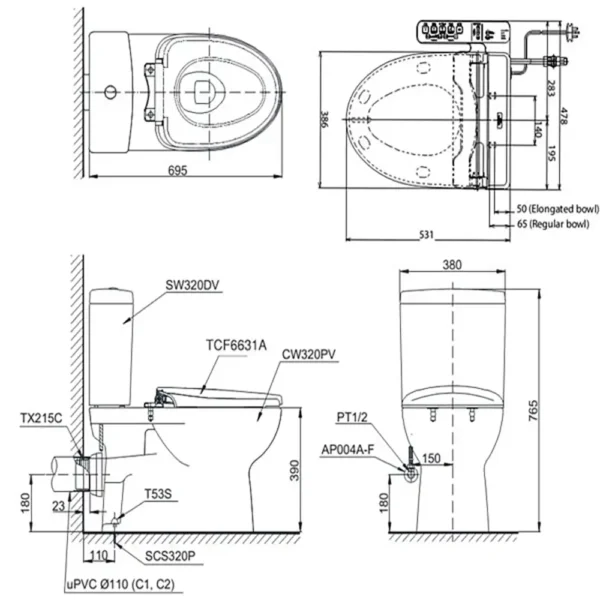 Bản vẽ kĩ thuật Bồn cầu thông minh TOTO CS320PDRW7#W nắp rửa điện tử TCF6631A
