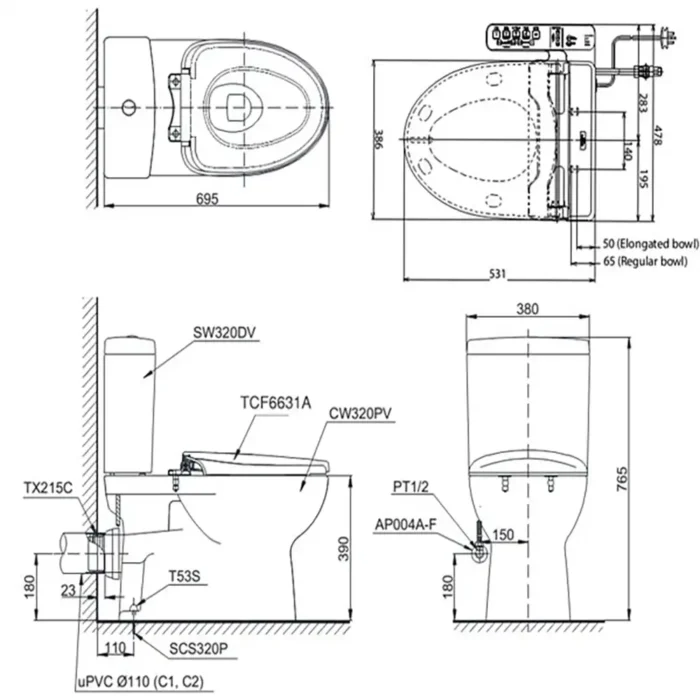 Bản vẽ kĩ thuật Bồn cầu thông minh TOTO CS320PDRW7#W nắp rửa điện tử TCF6631A