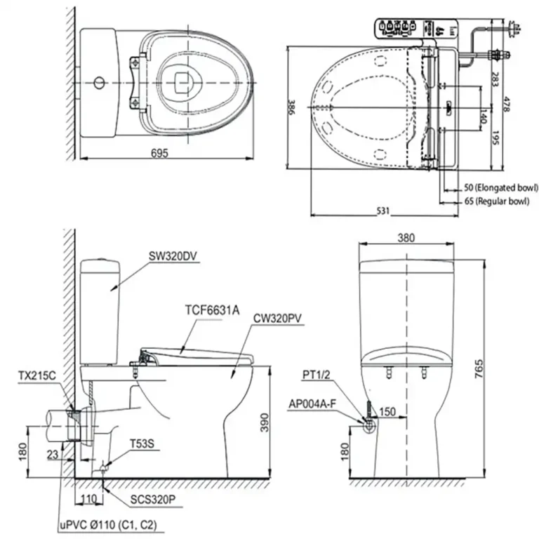 Bản vẽ kĩ thuật Bồn cầu thông minh TOTO CS320PDRW7#W nắp rửa điện tử TCF6631A