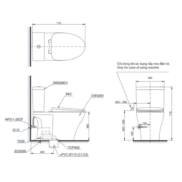Bản vẽ kĩ thuật Bồn cầu thông minh TOTO CS326DW11#XW nắp rửa điện tử TCF4911Z