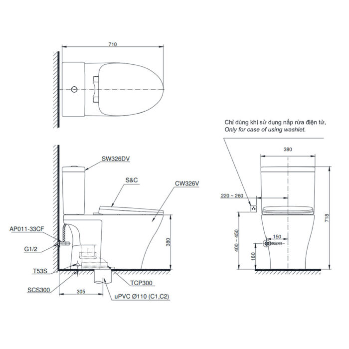 Bản vẽ kĩ thuật Bồn cầu thông minh TOTO CS326DW11#XW nắp rửa điện tử TCF4911Z
