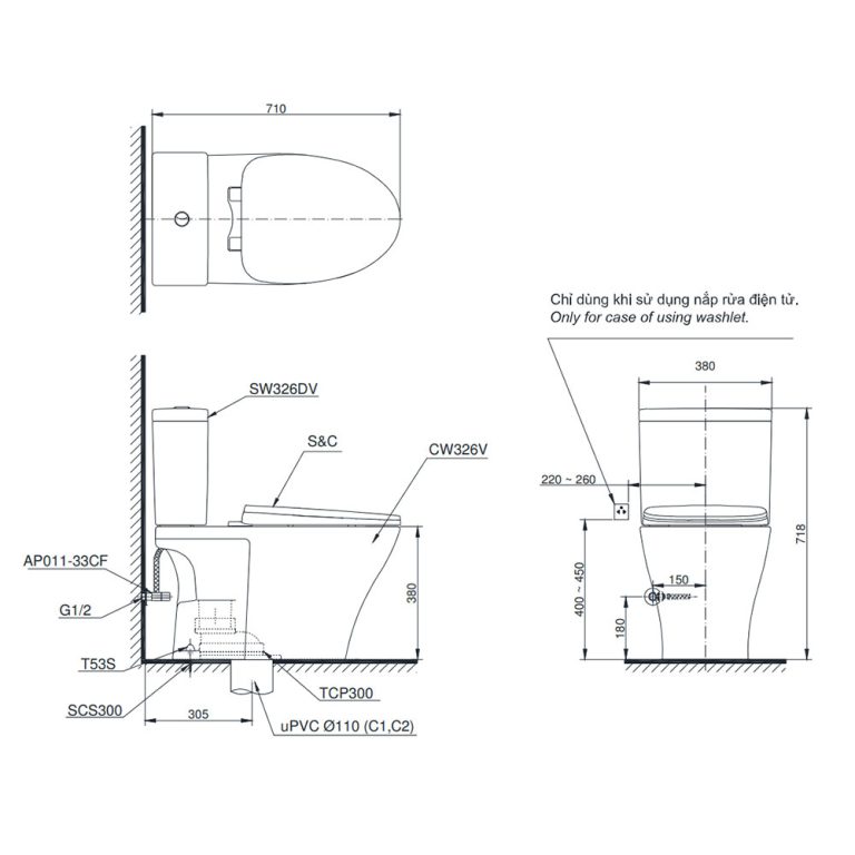 Bản vẽ kĩ thuật Bồn cầu thông minh TOTO CS326DW11#XW nắp rửa điện tử TCF4911Z