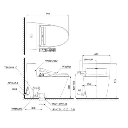 Bản vẽ kĩ thuật Bồn cầu thông minh TOTO MS625CDW15#XW nắp rửa thông minh TCF24460AAA