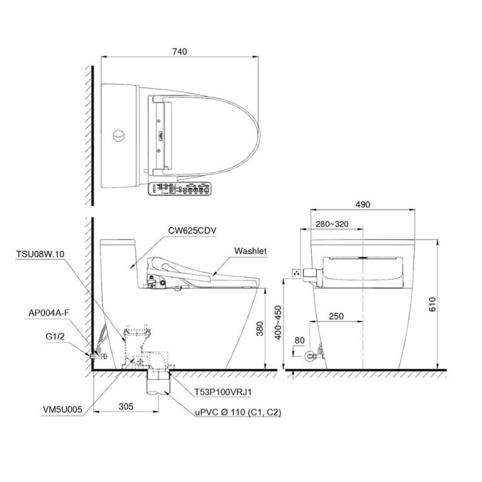 Bản vẽ kĩ thuật Bồn cầu thông minh TOTO MS625CDW15#XW nắp rửa thông minh TCF24460AAA