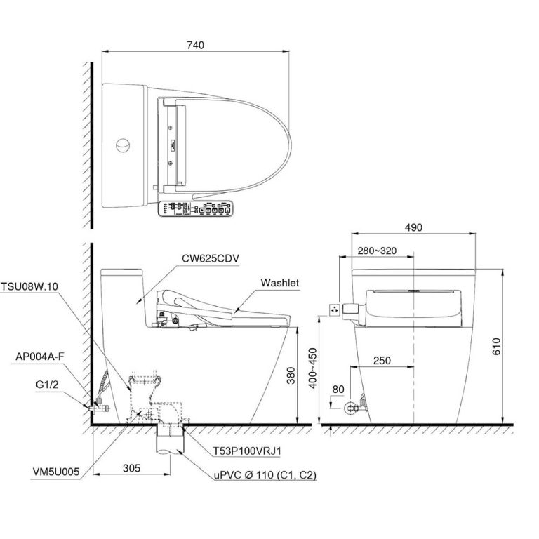 Bản vẽ kĩ thuật Bồn cầu thông minh TOTO MS625CDW17#XW nắp rửa thông minh TCF23460AAA