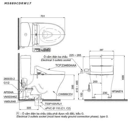 Bản vẽ kĩ thuật Bồn cầu thông minh TOTO MS889CDRW17#XW nắp rửa thông minh TCF23460AAA