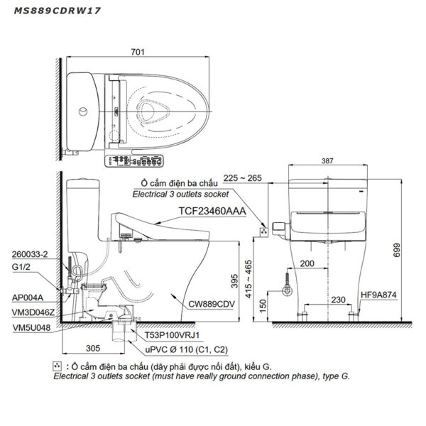 Bản vẽ kĩ thuật Bồn cầu thông minh TOTO MS889CDRW17#XW nắp rửa thông minh TCF23460AAA