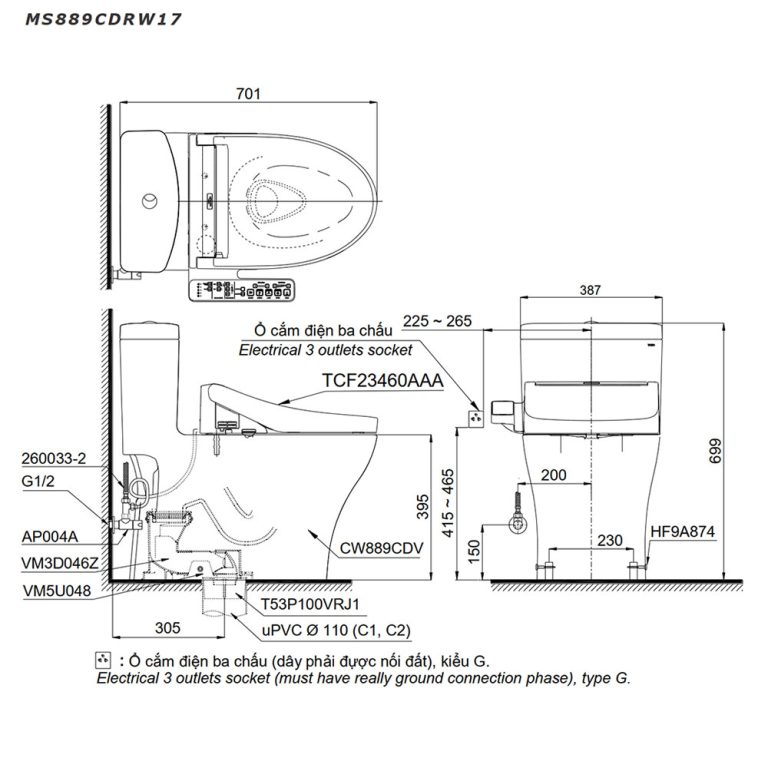Bản vẽ kĩ thuật Bồn cầu thông minh TOTO MS889CDRW17#XW nắp rửa thông minh TCF23460AAA