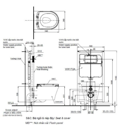 Bản-vẽ-kĩ-thuật-Bồn-cầu-treo-tường-TOTO-CW553-TC384CVK-WH172A-nắp-êm