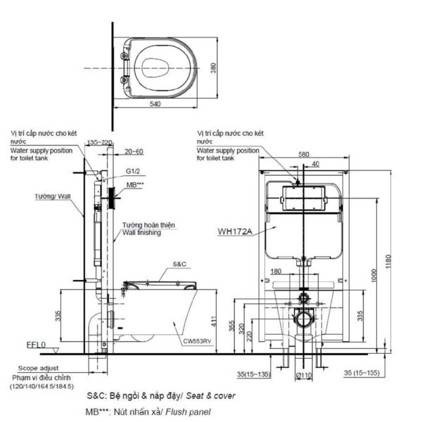 Bản-vẽ-kĩ-thuật-Bồn-cầu-treo-tường-TOTO-CW553-TC384CVK-WH172A-nắp-êm