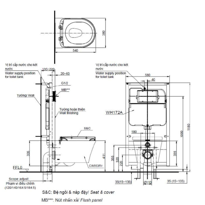 Bản-vẽ-kĩ-thuật-Bồn-cầu-treo-tường-TOTO-CW553-TC384CVK-WH172A-nắp-êm
