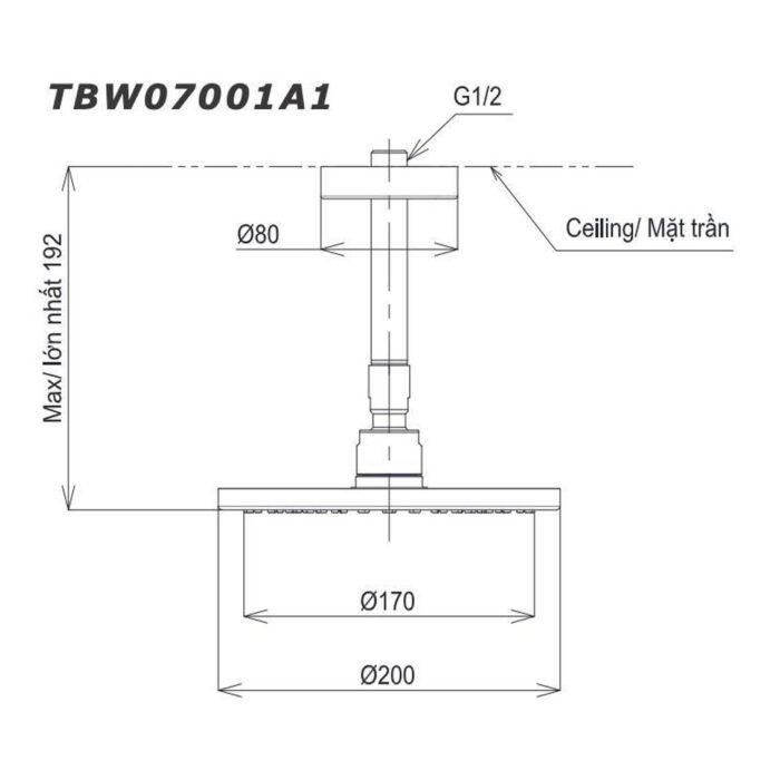 Bản vẽ kỹ thuật Bát sen âm tường TOTO TBW07001A1 gắn trần