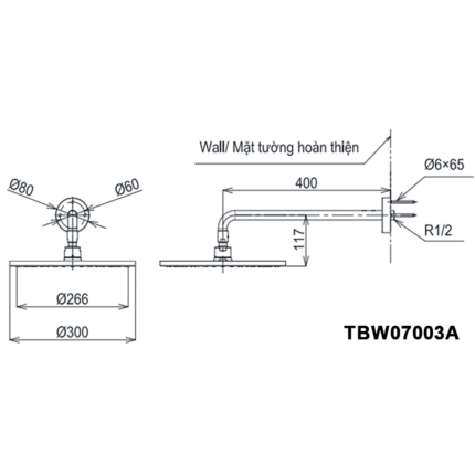 Bản vẽ kỹ thuật Bát sen âm tường TOTO TBW07003A gắn tường