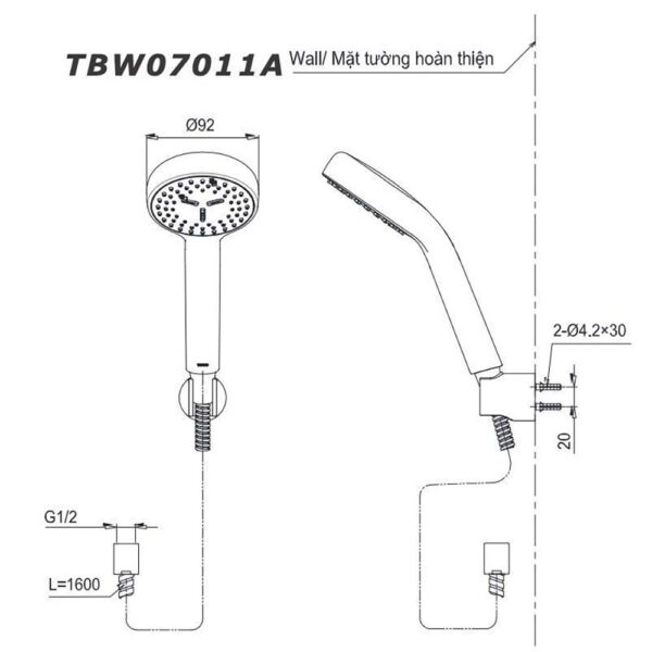 Bản vẽ kỹ thuật Tay sen tắm TOTO TBW07011A massage 1 chế độ