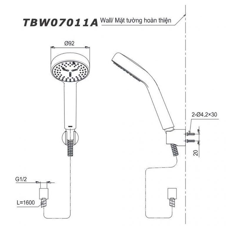 Bản vẽ kỹ thuật Tay sen tắm TOTO TBW07011A massage 1 chế độ
