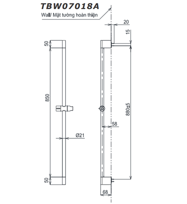 Bản vẽ kỹ thuật Thanh trượt sen tắm TOTO TBW07018A