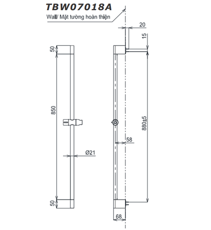 Bản vẽ kỹ thuật Thanh trượt sen tắm TOTO TBW07018A