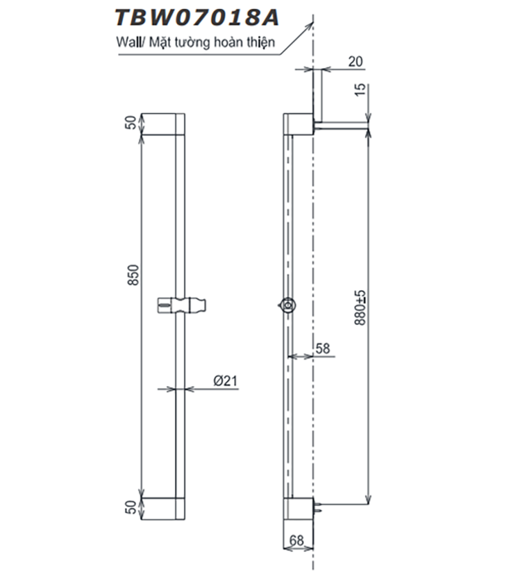 Bản vẽ kỹ thuật Thanh trượt sen tắm TOTO TBW07018A