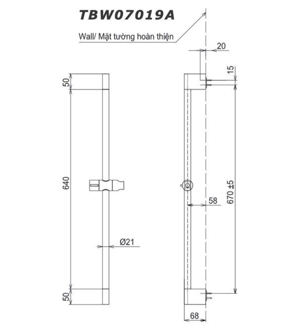 Bản vẽ kỹ thuật Thanh trượt sen tắm TOTO TBW07019A