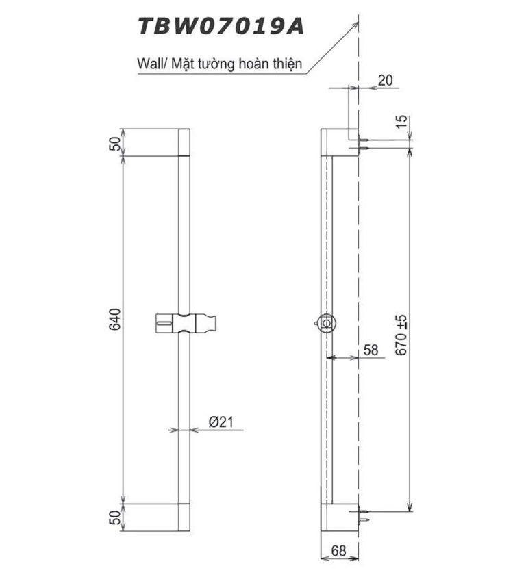 Bản vẽ kỹ thuật Thanh trượt sen tắm TOTO TBW07019A