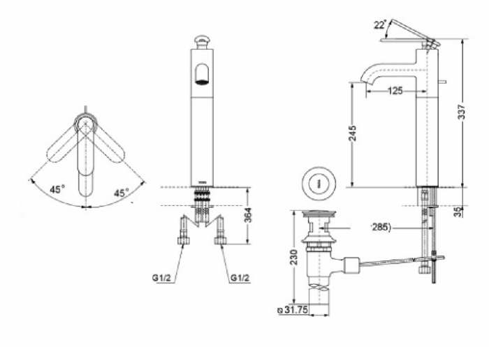 Bản vẽ kỹ thuật Vòi lavabo TOTO DL345A1R nóng lạnh cổ cao