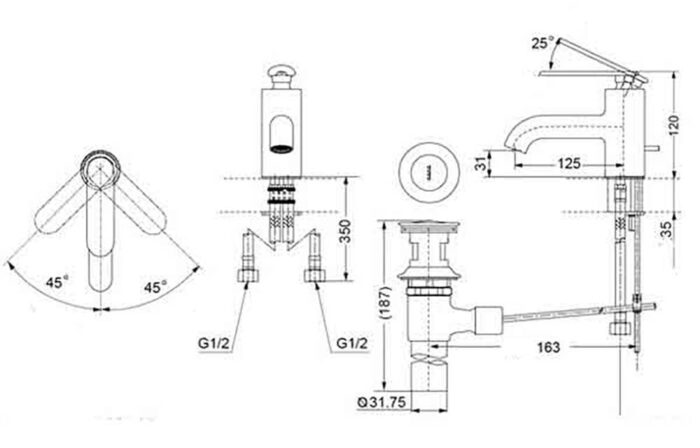 Bản vẽ kỹ thuật Vòi lavabo TOTO DL345AR nóng lạnh