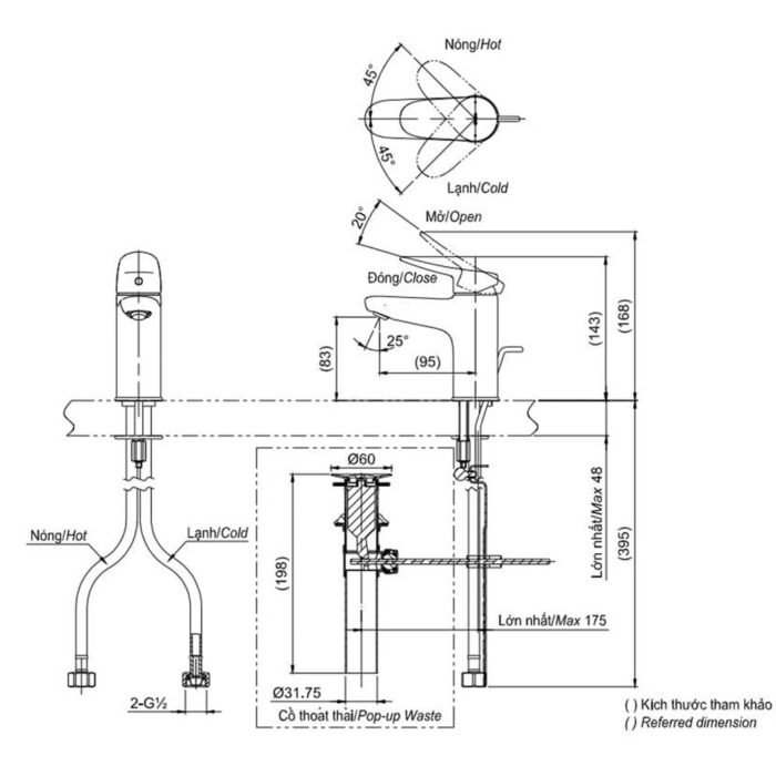Bản vẽ kỹ thuật Vòi lavabo TOTO TLS04101V nóng lạnh
