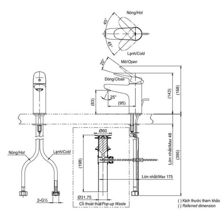 Bản vẽ kỹ thuật Vòi lavabo TOTO TLS04101V nóng lạnh