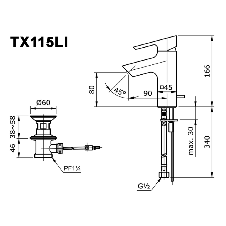 Bản vẽ kỹ thuật Vòi lavabo TOTO TX115LI nóng lạnh