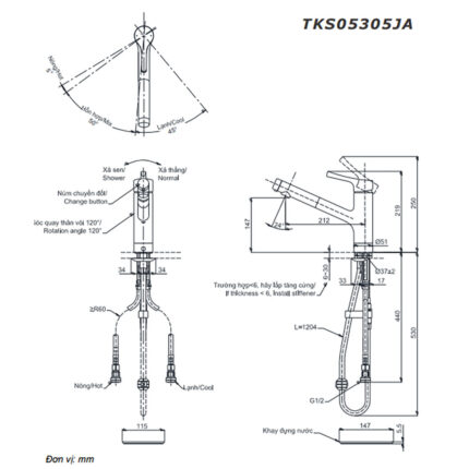 Bản vẽ kỹ thuật Vòi rửa bát TOTO TKS05305JA nóng lạnh rút dây