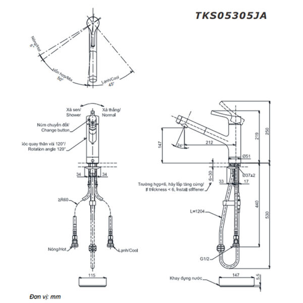 Bản vẽ kỹ thuật Vòi rửa bát TOTO TKS05305JA nóng lạnh rút dây